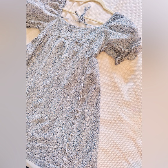KILIBBI Smocked Blue & White Floral Print Square Neck Dress w Puffy Sleeves - Picture 3 of 14